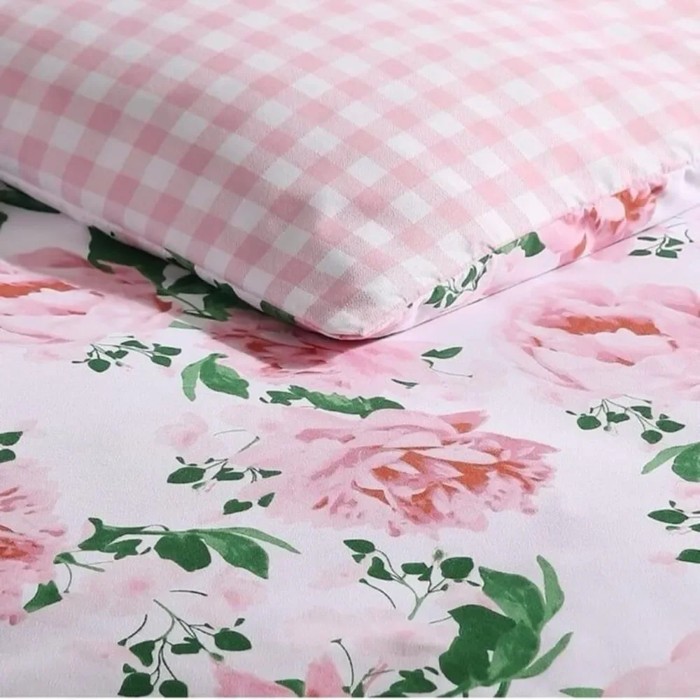 🆕 NWT Queen Duvet Set Reversible Plaid Floral 2 - n - 1 Betsey Johnson PINK NEW